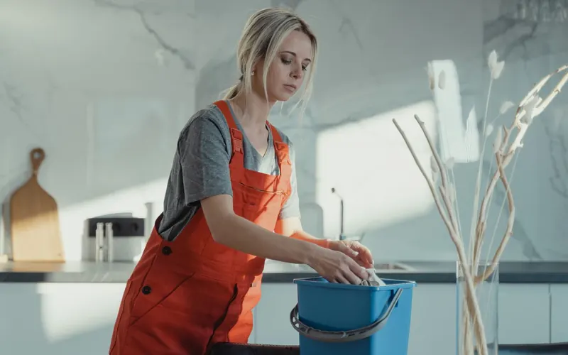 Cleaner wiping a kitchen counter