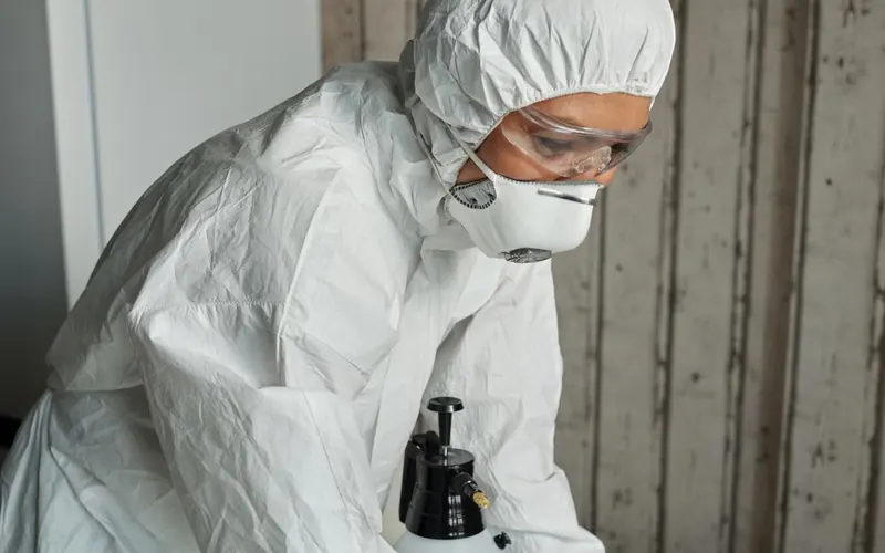 Technician in protective suit cleaning a surface