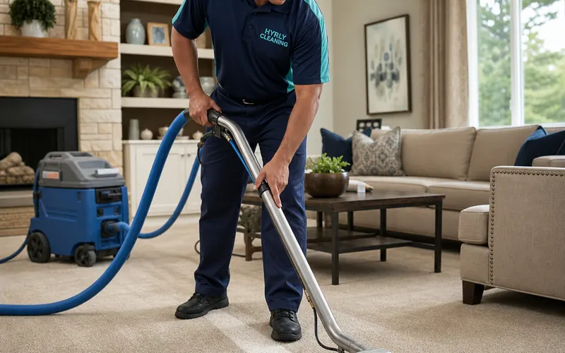Technician cleaning living-room carpet