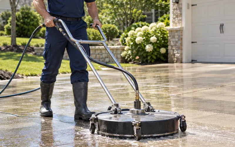 Worker cleaning a driveway with a surface cleaner