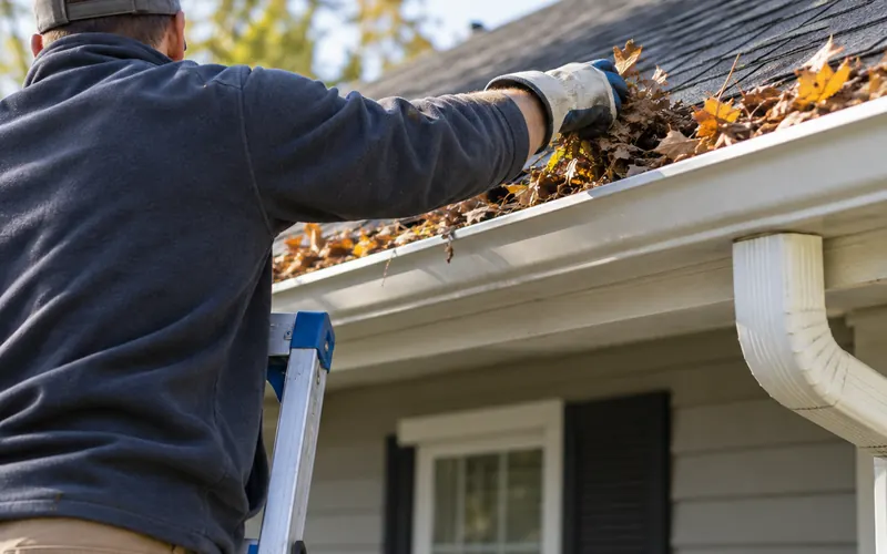 Worker clearing leaves from a gutter by hand