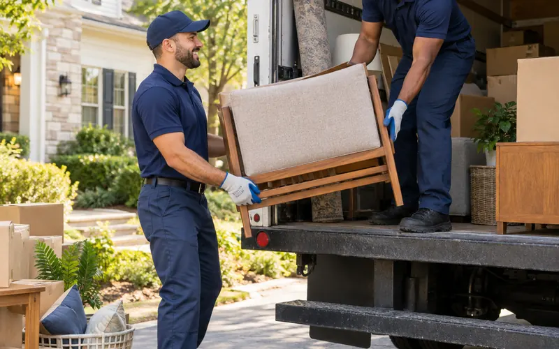 Two workers loading an armchair onto a truck