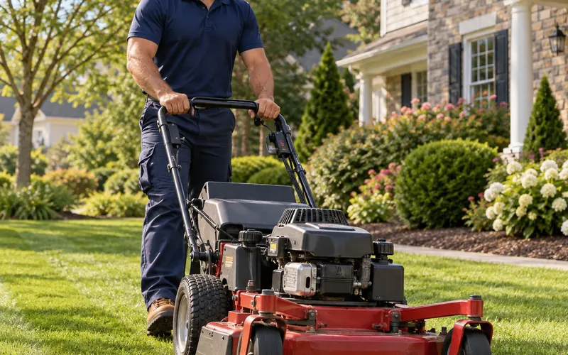 Worker mowing a front lawn with a walk-behind mower