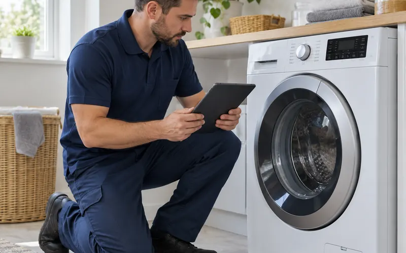 Technician inspecting a washing machine