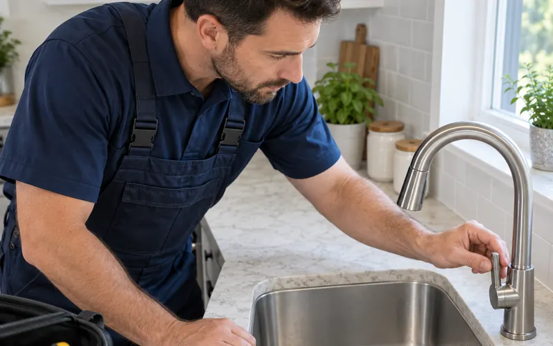 Handyman with a tool bag working at a kitchen sink