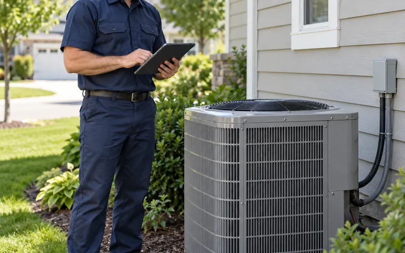 Technician checking an outdoor air-conditioning unit