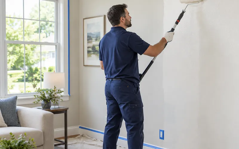 Painter rolling paint onto an interior wall