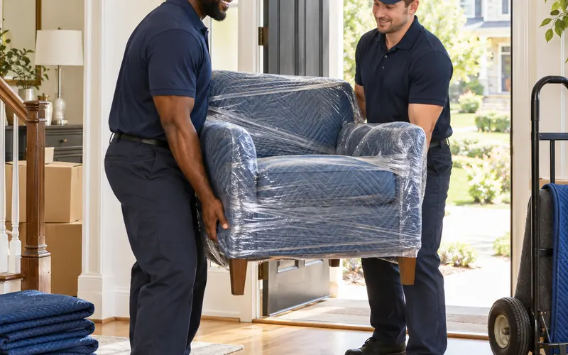 Two movers carrying a wrapped armchair through a doorway