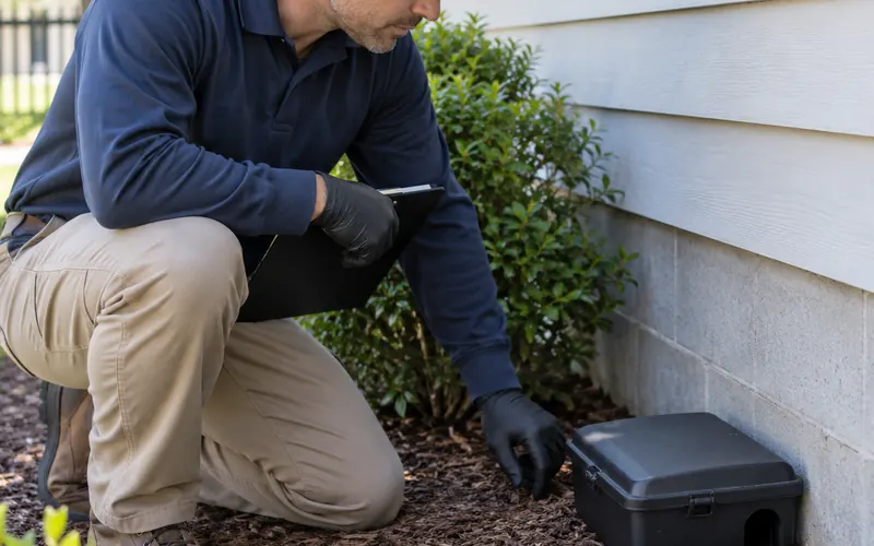 Technician placing a pest control station beside a house
