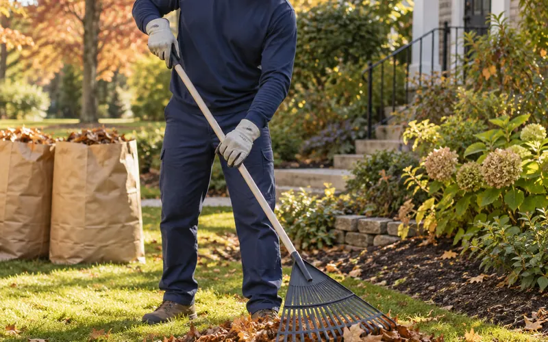 Worker raking autumn leaves on a front lawn