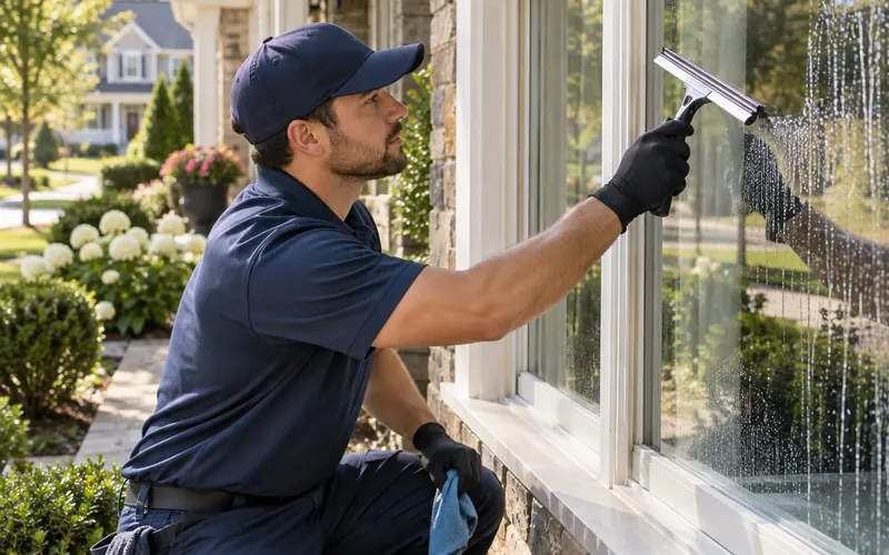 Worker cleaning an exterior window with a squeegee